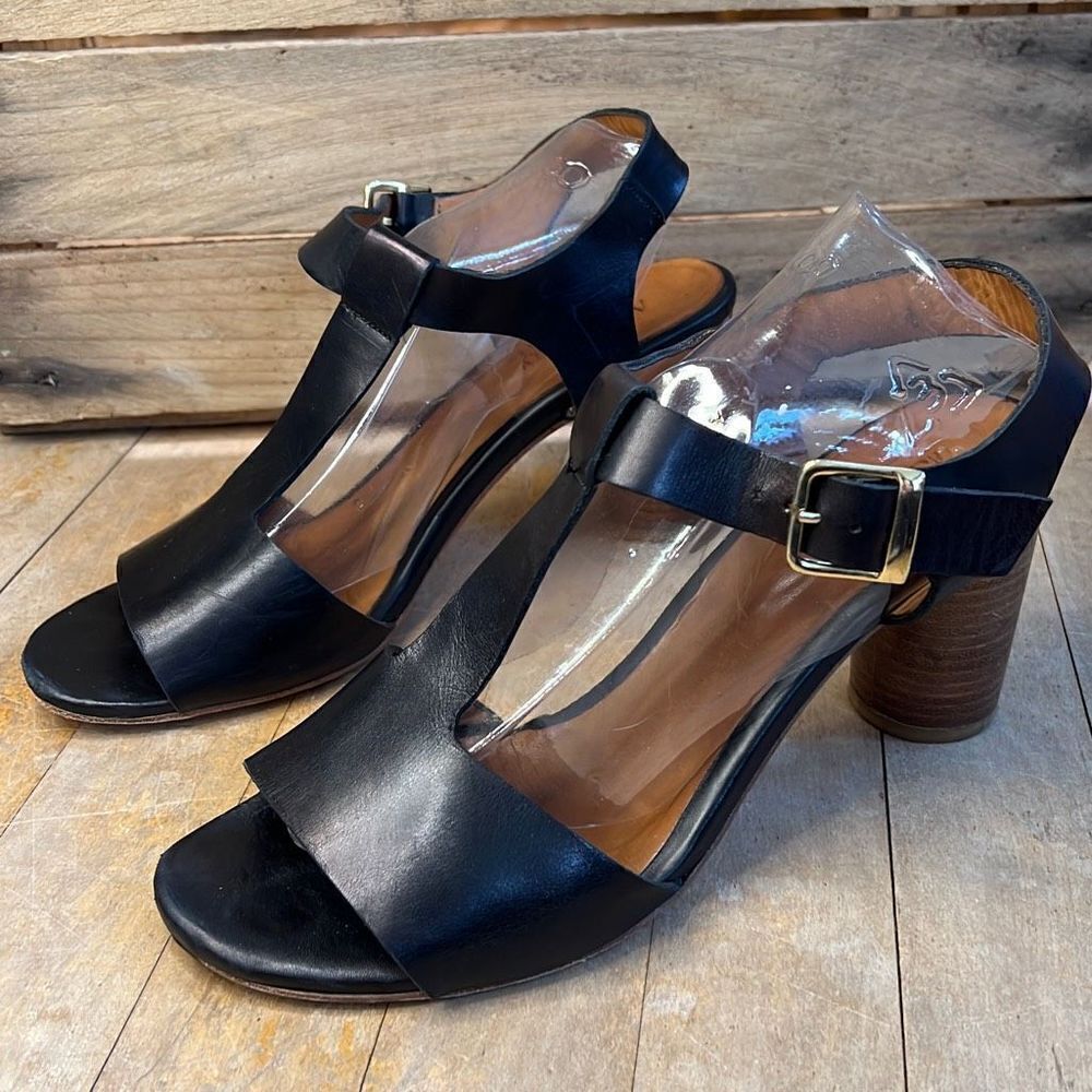 Anthology Paris Black Leather Strappy Cylinder Heel Sandals Womens US 10